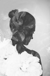Creative double exposure with young beautiful girl and white roses, monochrome