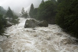 A mountain river or stream raging in a flash flood. Upstream view over the turbulent waters of the upper Gesso river high in the Maritime Alps, Piedmont, Italy, during heavy early summer rains.
