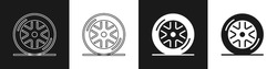 Set Car wheel icon isolated on black and white background.  Vector