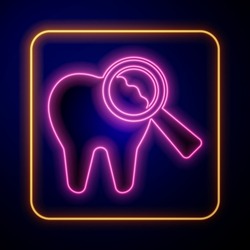 Glowing neon Broken tooth icon isolated on black background. Dental problem icon. Dental care symbol.  Vector