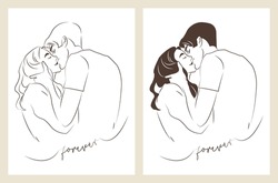 A couple in love enjoys each other and kisses. Simple monochrome illustration with handwritten font.