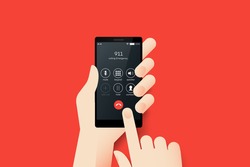 Hand Holding Smartphone With Emergency Call 911 On The Screen. Material Design Vector Illustration.