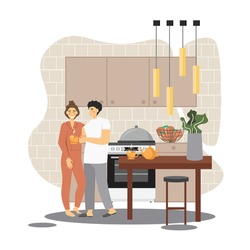 Happy family couple standing in kitchen, vector flat illustration. Husband taking care of his wife and making some tea for her. Love and caring for family, home comfort.