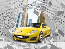 3d picture of a yellow car in a destroyed wall for digital printing wallpaper, custom design wallpaper