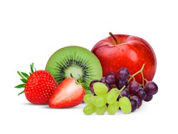kiwi fruit,strawberry,grape and red apple isolated on white background, mix fruit for health