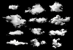 collection of white clouds isolated on black background