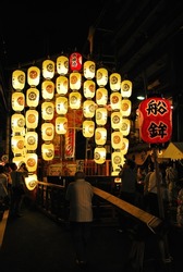 Float with lanterns during the Gion festival. A famous annual event and one of the biggest in Japan where floats hung with lanterns parade around the streets of Kyoto.