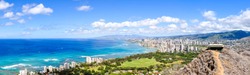 XXL panorama view of Honolulu and Waikiki Beach seen from Diamond Head Crater on the island of Oahu, Hawaii, USA. Hawaii is a famous tourist destination for Americans and Asians.