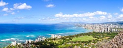 XXL panorama view of Honolulu and Waikiki Beach seen from Diamond Head Crater on the island of Oahu, Hawaii, USA. Hawaii is a famous tourist destination for Americans and Asians.