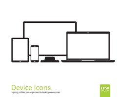 Device icons  tablet, smartphone, desktop computer and laptop. Set of flat gadgets  isolated on white background. Modern digital media mockup with blank displays. Responsive design template in EPS8.