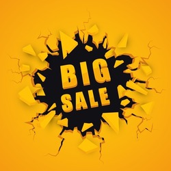 Big sale banner. Exploding wall. Vector background