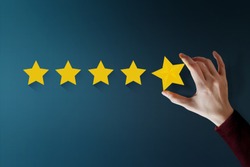 Customer Experience Concept, Best Excellent Services for Satisfaction present by Hand of Client giving a Five Star Rating