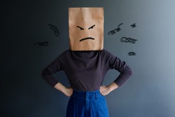 Customer Experience or Human Emotional Concept. Woman Covered her Face by Paper Bag and present Angry Feeling by Drawn Line Cartoon and Body Language