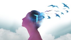Mental Health, Freedom, Imagination and Creativity Concept. Silhouette photo of Woman combined with Opened Door and Birds. Positive Mind, Peaceful, Enjoying Life Philosophy.Space Element from Nasa