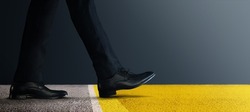 Start Concept. Low Section of Businessman Steps into Start Line and Moving Forward to New Challenge. Cropped Image. Side View. Business Strategy, Metaphor Conceptual for Restart