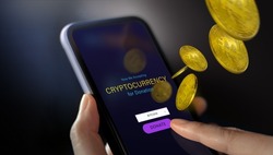 Online Donation by Cryptocurrency Concept. Closeup of Hand Using a Mobile Phone to making Donate Bitcoin via the Internet