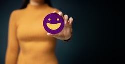 Customer Experience Concept. Happy Client giving Positive Review. Exellent Feedback for Products and Services. Client Satisfaction Surveys. Smiling Face, Mind and Mental Health