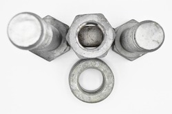 Galvanized steel metal with metric bolt nut and washer, isolated on white background
