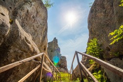 High rocks in the Carpathian mountains, nature landscape, ruins of Tustan fortress.