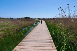 Boy walking on wooden path leading through marsh in Riserva Natural Oasis Faunistica di Vendicari, Province Syracuse, Sicily, Italy.