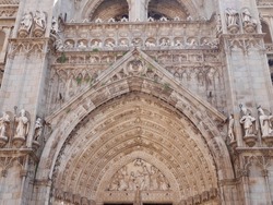 Close up of facade of Primada Santa Maria de Toledo Cathedral. Toledo, Castile La Mancha, Spain. High quality photo