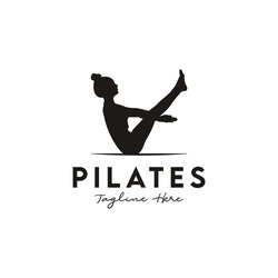 Sitting Pose Pilates Woman Silhouette, Girl with Beauty Body Hair and Face at gym logo design