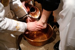 Maundy thursday celebration. Washing of the Feet. Roman Catholic church.  France. 