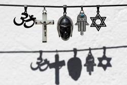 Religious symbols.  Christianity, Islam, Judaism, Buddhism and Hinduism. Interfaith dialogue.  