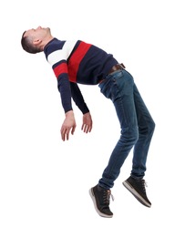 Side view of man in zero gravity or a fall. guy is flying, falling or floating in the air. Side view people collection.  side view of person.  Isolated over white. The guy in jeans falls on his back.