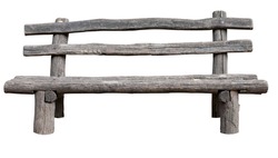 Ancient rural bench from logs. Isolated over white. Roughly hammered together wooden bench.