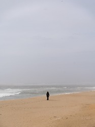 someone walking alone on the beach on a foggy day