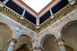 Ornate medieval arches and roof of the Cathedral of Santa María de la Asunción in Viseu, Portugal