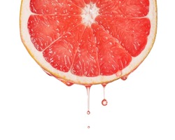 Red grapefruit essential oil dripping. Fresh citrus slice dripping with juice or oil serum ingredient. Seed oil extract. 