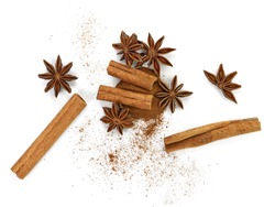Cinnamon sticks and anise star isolated on white background close up. Spice Cinnamon sticks and anise star.