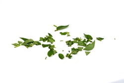 Spice chopped basil. Fresh chopped green basil leaves isolated on white background. Spicy aromatic sliced raw basilic or ocimum herbs. Basil sprinkle.