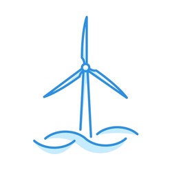 Offshore windmill in the water, ocean wind turbine, green energy line vector icon, climate environmental change concept, isolated on white background.