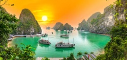 Dreamy sunset landscape Halong Bay, Vietnam view from adove. This is the UNESCO World Heritage Site, a beautiful natural wonder in northern Vietnam