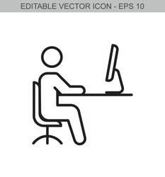 Man working on computer. Editable line icon.