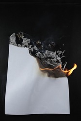 Burning piece of crumpled paper. crumpled empty paper blank. Creased paper texture in fire.