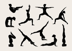 Women doing Yoga, Pilates set. Slim girl doing yoga. Hand drawn black silhouettes Vector illustration. Warrior pose, boat pose, downward facing dog pose. Health care and lifestyle concept. Female yoga