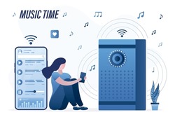 Happy woman listening music. Wireless connection of smartphone and stereo system. Internet online technology. Access for online playing music and audio files. Acoustic system. Music time. Flat vector