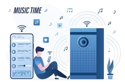 Young adult listening music. Wireless connection of smartphone and stereo system. Internet online technology. Access for online playing music and audio files. Acoustic system. Music time. Flat vector