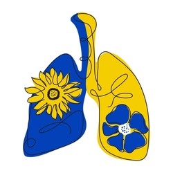 Vector illustration with the lungs of the Ukraine with cornflower, sunflower in nationality Ukrainian flag color. Global politics, NO WAR, aggression problem picture in continuous line art style
