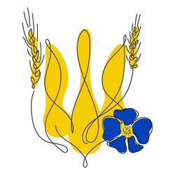 Ukraine coat of arms with wheat  and cornflowe in nationality Ukrainian flag color. The vector illustration global politics, NO WAR, aggression problem picture in continuous line art style
