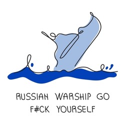 Russian warship go fXXX you! Snake Island. War in Ukraine! The vector illustration global politics, NO WAR, aggression problem picture in continuous line art style
