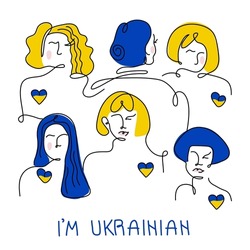 Vector Illustration with Ukrainian womans, girls and lettering I’M UKRAINIAN in tradition colors. Vector illustration global politics, NO WAR, aggression problem picture in continuous line art style