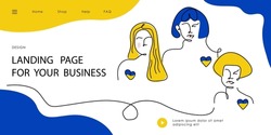 Landing page with Ukrainian womans, girls  in tradition colors. Vector illustration global politics, NO WAR in Ukraine, aggression problem picture in continuous line art style