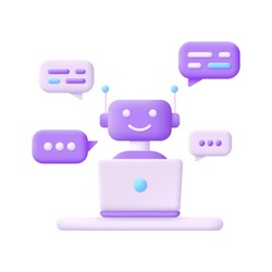3D Chatbot and laptop isolated on white background. AI assistant support and FAQ concept. Cute robot. Can be used for many purposes. Trendy and modern vector in 3d style.