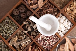 Assortment of various herbs in the medicine box and a white medicine mortar