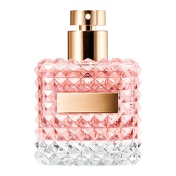A Bottle of Perfume. Women's Eau De Parfum in Beautiful Pink Rose and Gold Bottle Isolated on White. Floral Fruity Fragrance for Women. Perfume Spray. Modern Luxury Lady Parfum De Toilette